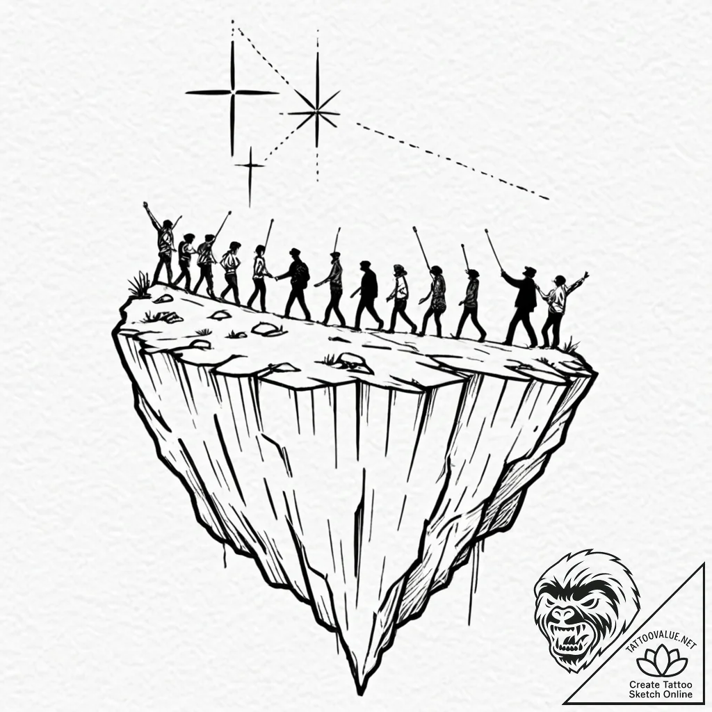 Tattoo design, a blindfolded crowd walking of... - tattoo sketch (№1751503794_0, 03.07.2025 00:49) — tattoovalue.net