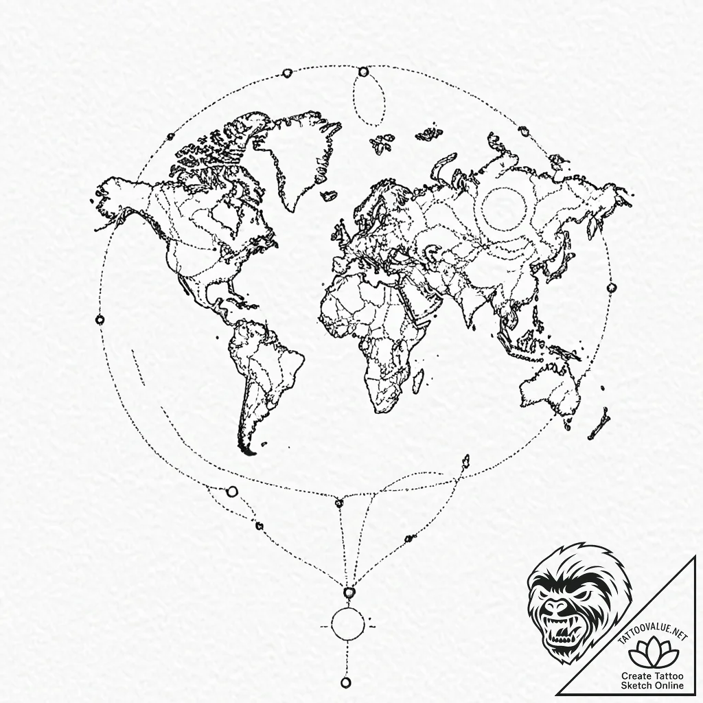 Tattoo design, a map of the world, but depict... - tattoo sketch (№1751504285_0, 03.07.2025 00:58) — tattoovalue.net