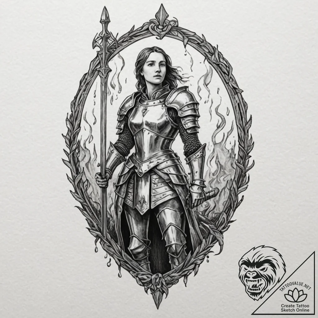 Tattoo sleeve design, joan of arc tragedy, a... - tattoo sketch (№1751504537_0, 03.07.2025 01:02) — tattoovalue.net