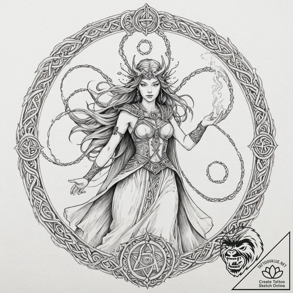 Tattoo design, freya as a powerful sorceress... - tattoo sketch (№1751505043_0, 03.07.2025 01:10) — tattoovalue.net