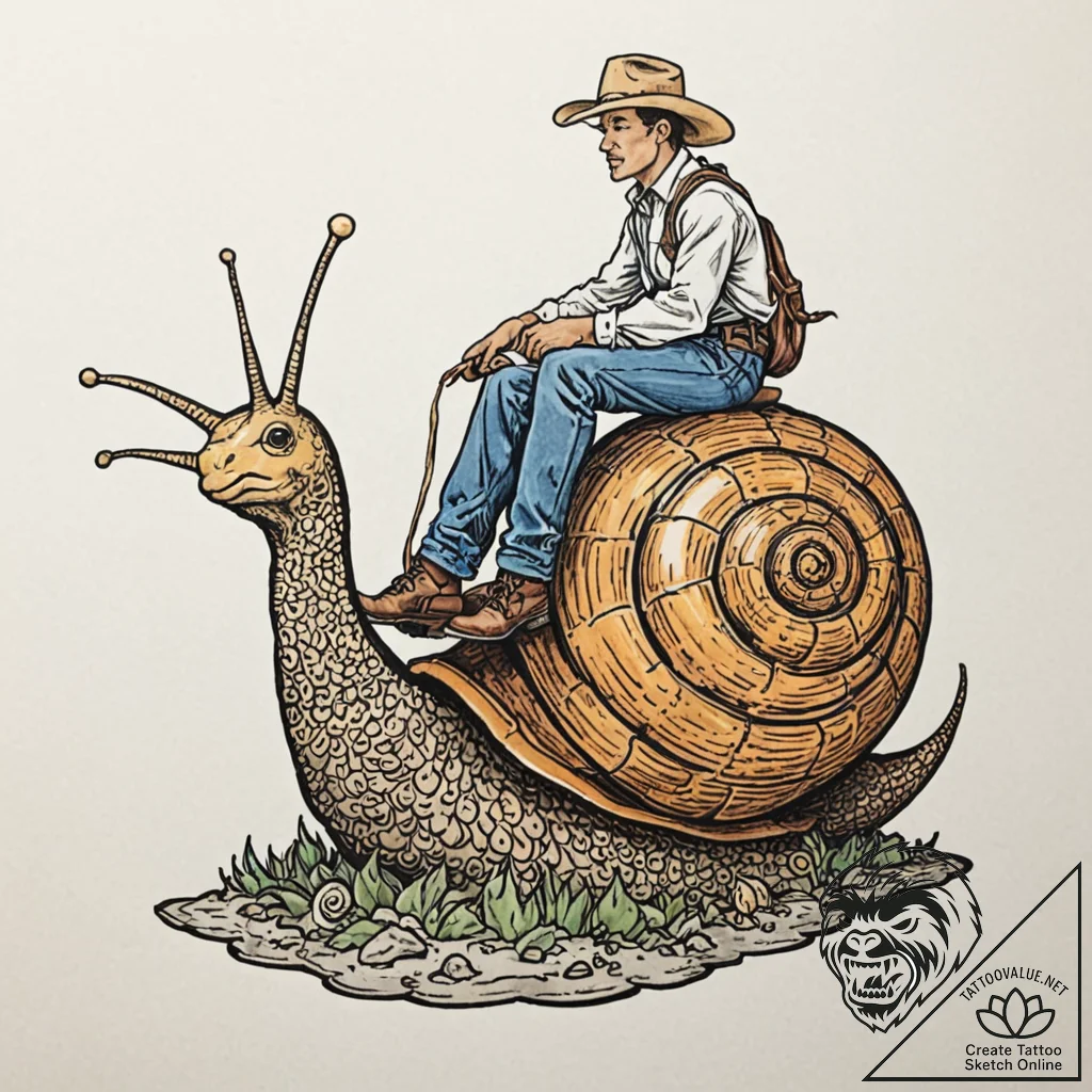 Tattoo design, a cowboy riding a giant snail,... - tattoo sketch (№1751505203_0, 03.07.2025 01:13) — tattoovalue.net