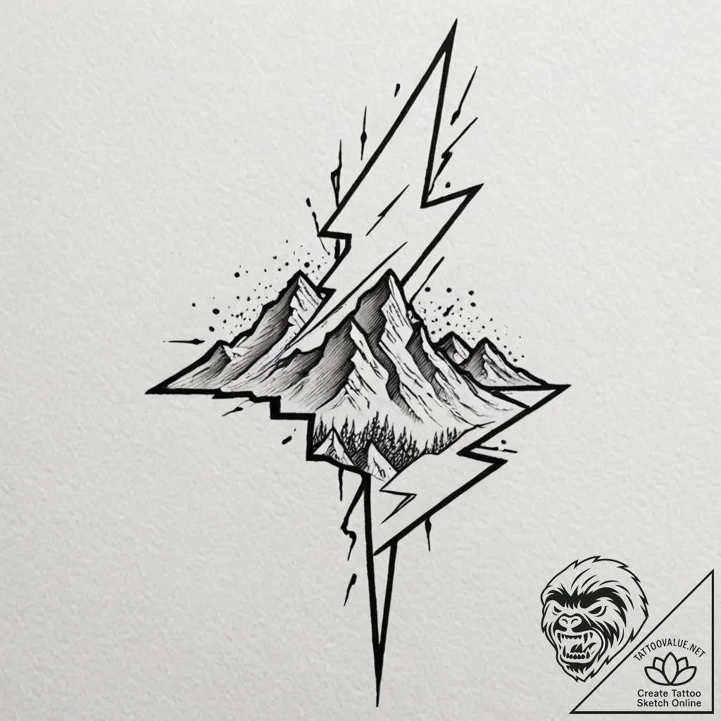 Tattoo design, a lightning bolt striking a mo... - tattoo sketch (№1751505285_0, 03.07.2025 01:14) — tattoovalue.net