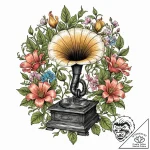 Tattoo design, a gramophone, its horn is bloo… – tattoo sketch (№1751506114_0, 03.07.2025 01:28) — tattoovalue.net