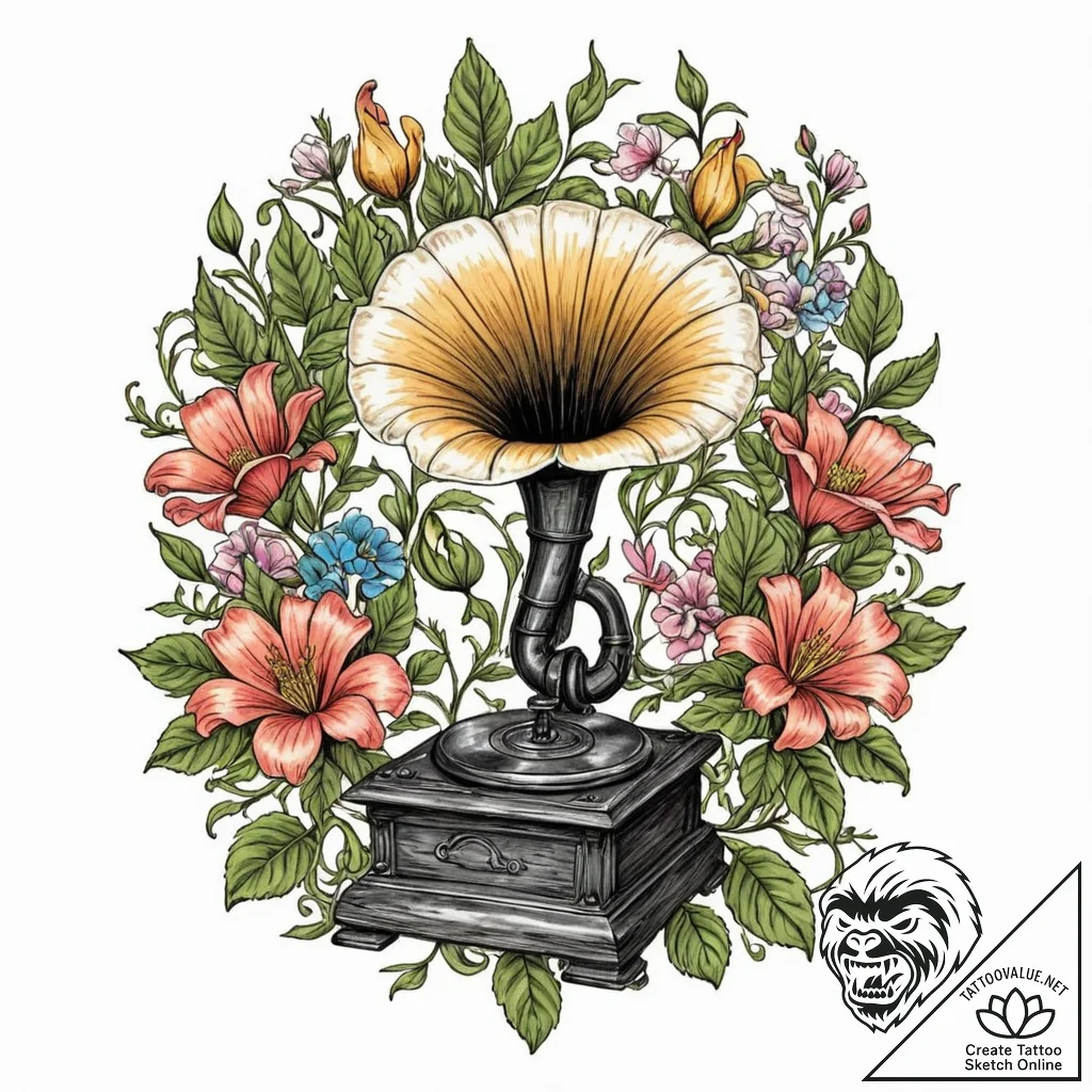 Tattoo design, a gramophone, its horn is bloo... - tattoo sketch (№1751506114_0, 03.07.2025 01:28) — tattoovalue.net