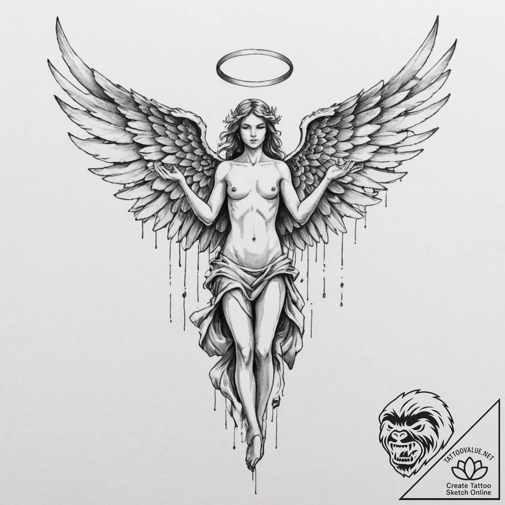 Tattoo design, an angel, but its wings are ma... - tattoo sketch (№1751506528_0, 03.07.2025 01:35) — tattoovalue.net