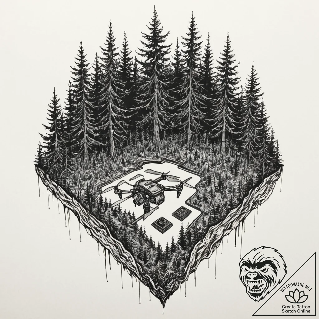 Tattoo design, a drone's view of a forest, bu... - tattoo sketch (№1751507023_0, 03.07.2025 01:43) — tattoovalue.net