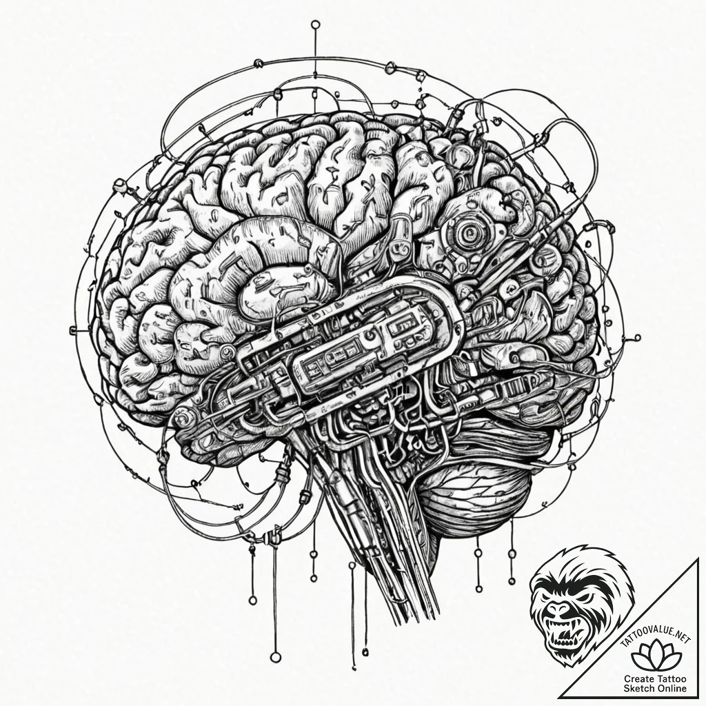 Tattoo design, a human brain, depicted as a c... - tattoo sketch (№1751507862_0, 03.07.2025 01:57) — tattoovalue.net