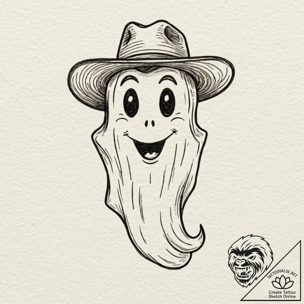 Tattoo design, a cartoon ghost wearing a cowb... - tattoo sketch (№1751508194_0, 03.07.2025 02:03) — tattoovalue.net