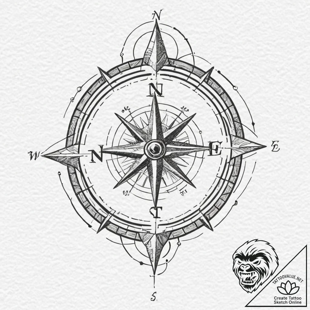 Tattoo design, a compass rose, where the card... - tattoo sketch (№1751509275_0, 03.07.2025 02:21) — tattoovalue.net