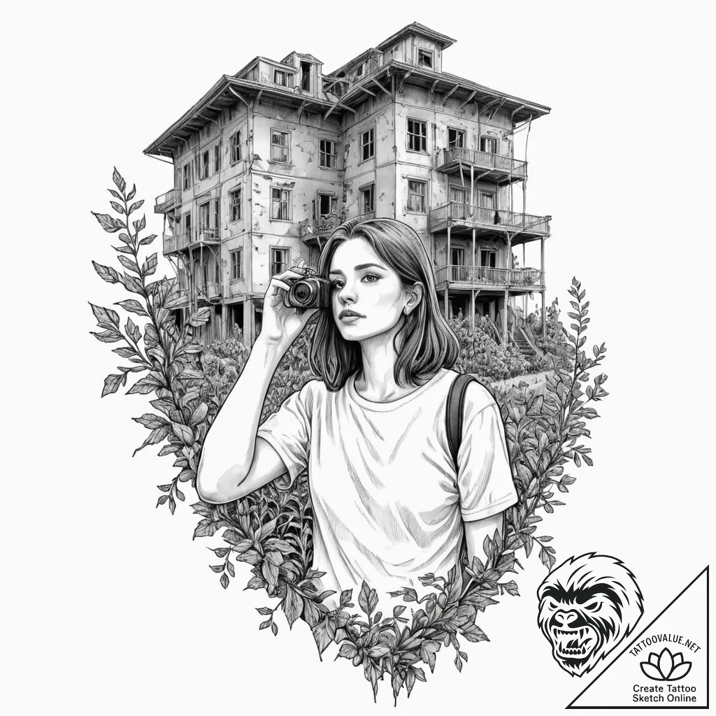 Tattoo sleeve design, urban exploration, a gi... - tattoo sketch (№1751509772_0, 03.07.2025 02:29) — tattoovalue.net