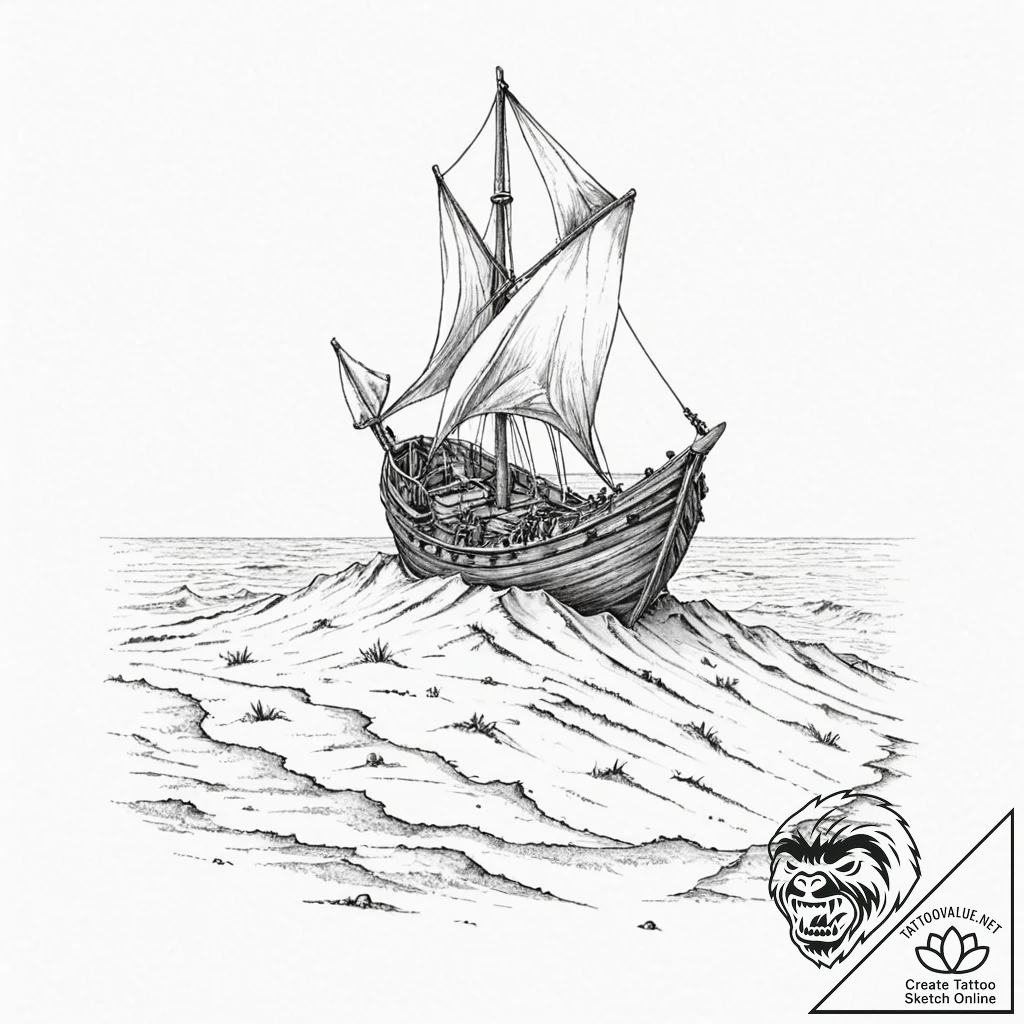 Tattoo sketch of longship flying through sand... - tattoo sketch (№1751510191_0, 03.07.2025 02:36) — tattoovalue.net