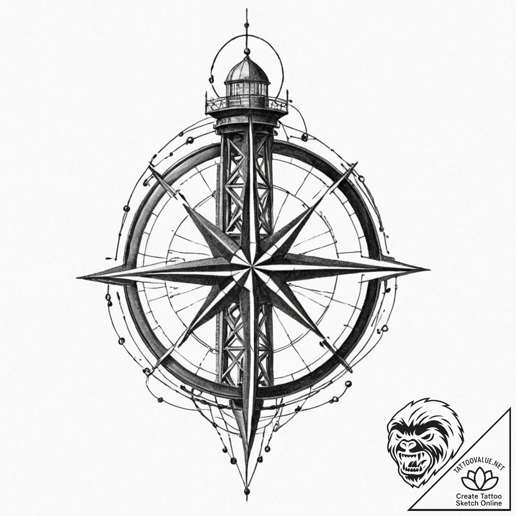 Tattoo design, a compass rose, where the card... - tattoo sketch (№1751510526_0, 03.07.2025 02:42) — tattoovalue.net