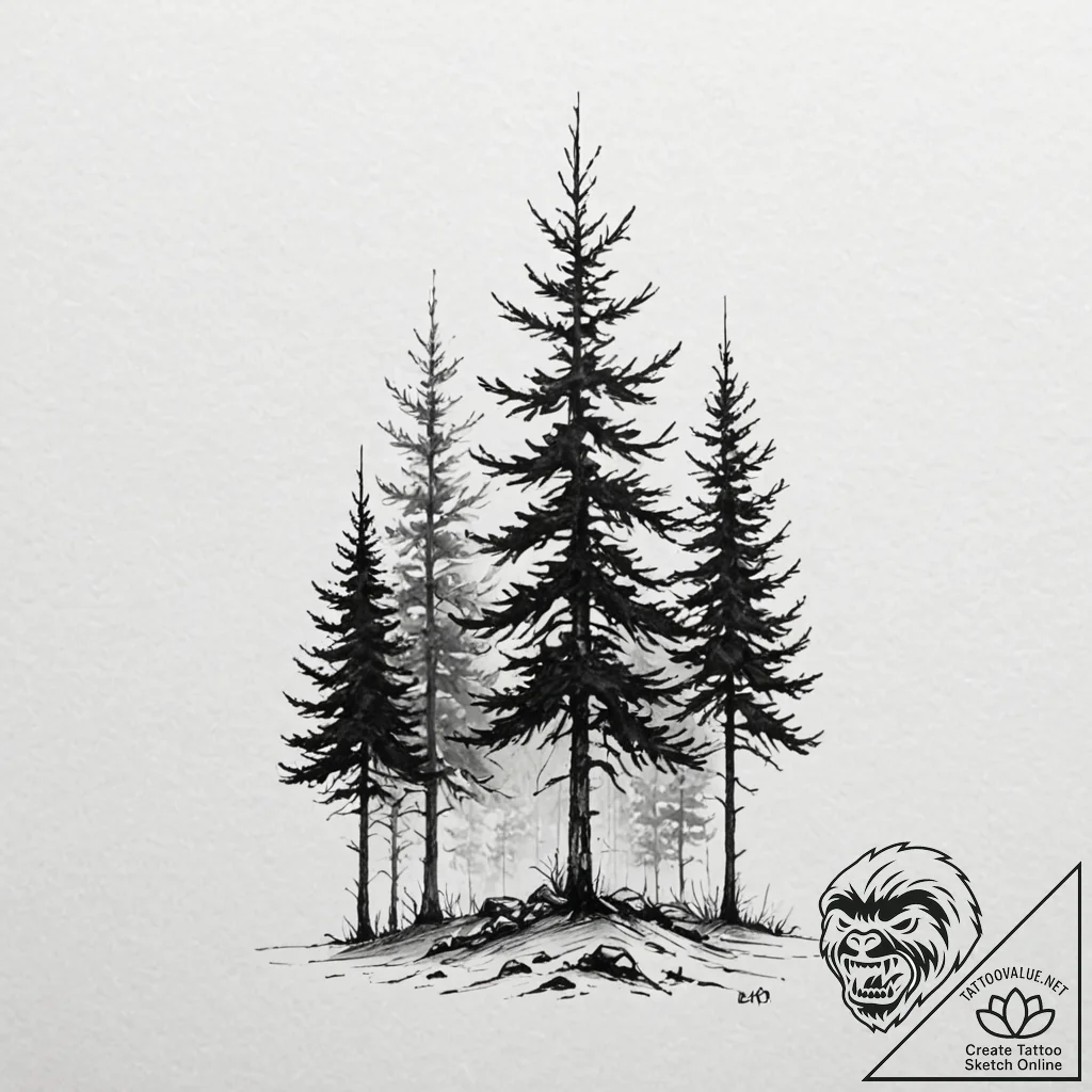 Tattoo design, three tall pine trees, standin... - tattoo sketch (№1751510690_0, 03.07.2025 02:44) — tattoovalue.net