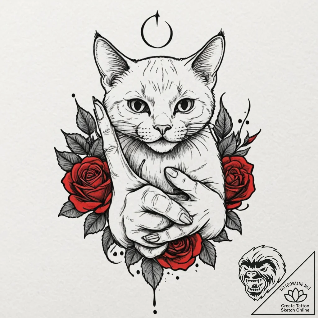 Tattoo design, handpoke style, a cat showing... - tattoo sketch (№1751511025_0, 03.07.2025 02:50) — tattoovalue.net