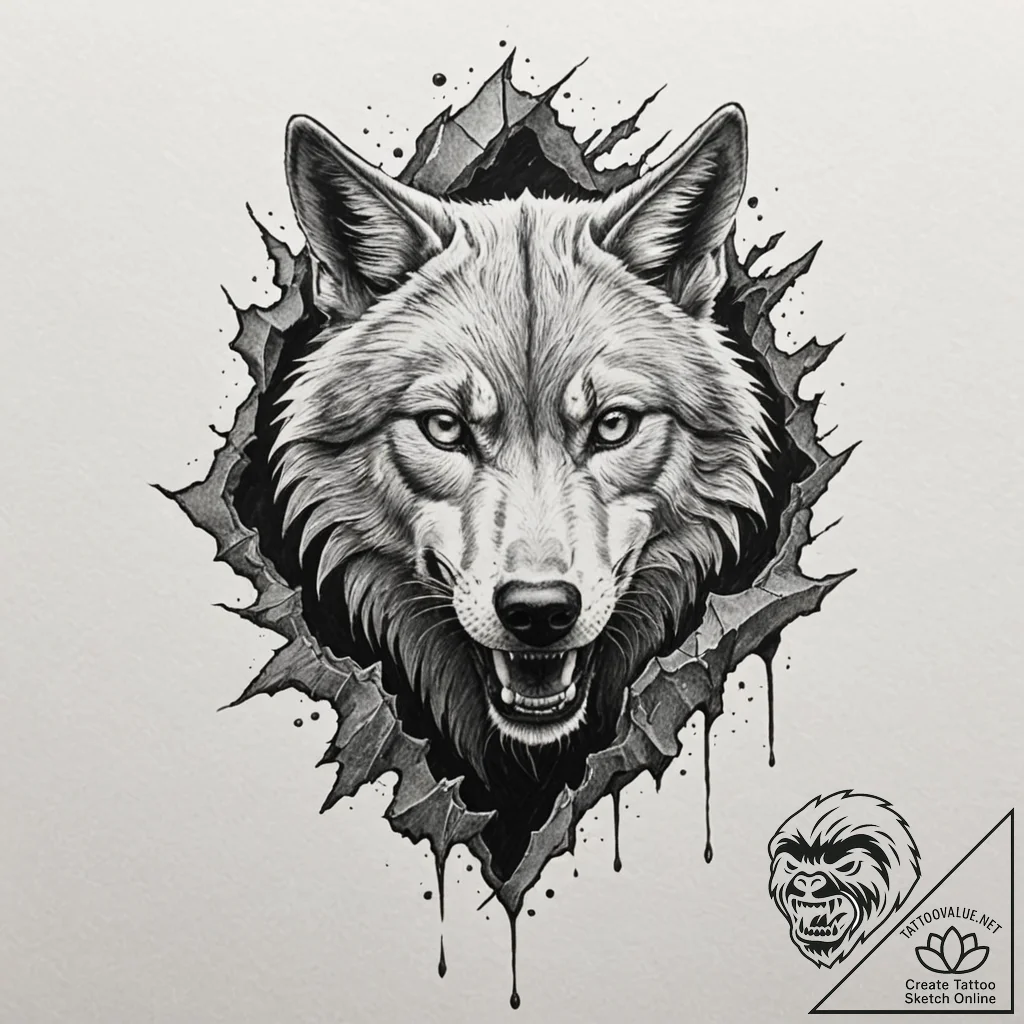 Tattoo design, fenrir made of shattered rock... - tattoo sketch (№1751511691_0, 03.07.2025 03:01) — tattoovalue.net