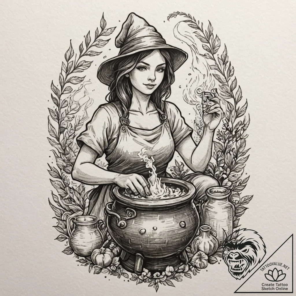 Tattoo sleeve design, potion master, an alche... - tattoo sketch (№1751512841_0, 03.07.2025 03:20) — tattoovalue.net