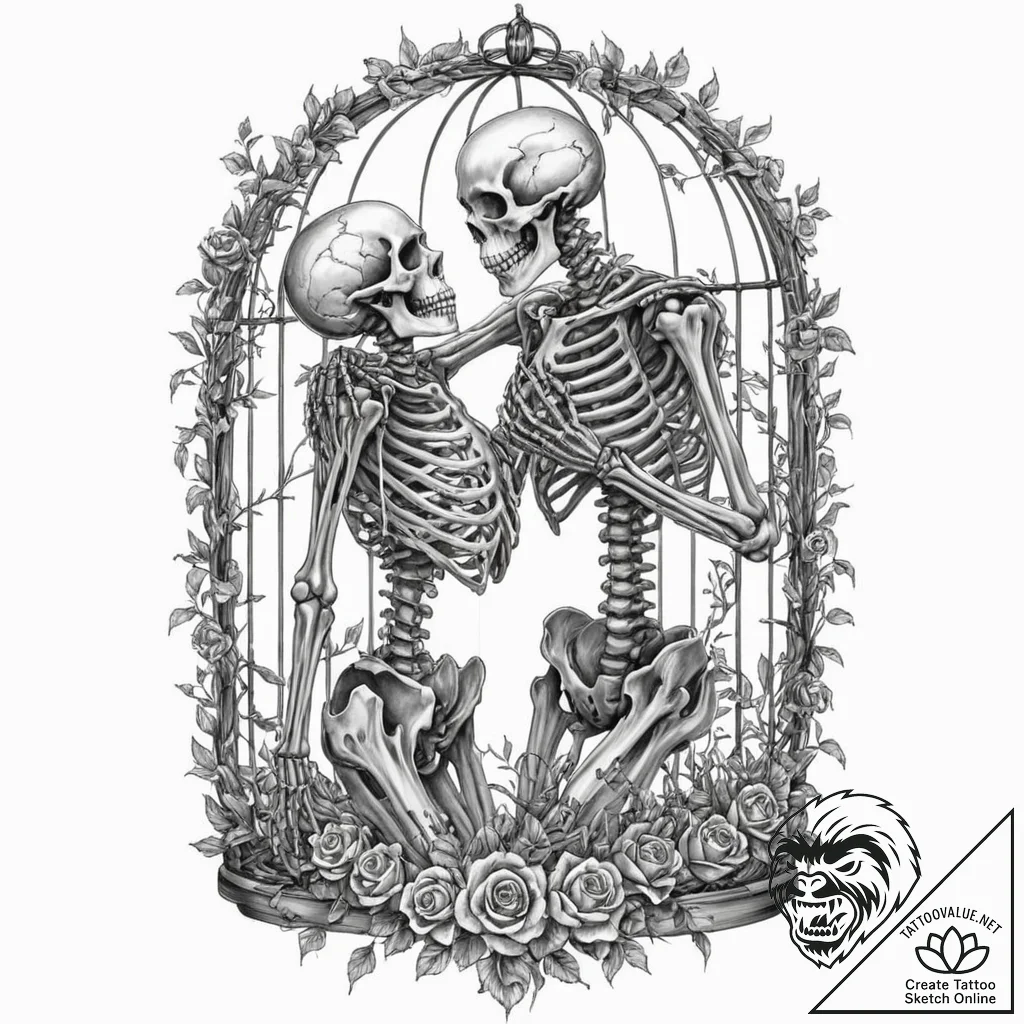 Tattoo design, two skeletons in a passionate... - tattoo sketch (№1751513247_0, 03.07.2025 03:27) — tattoovalue.net