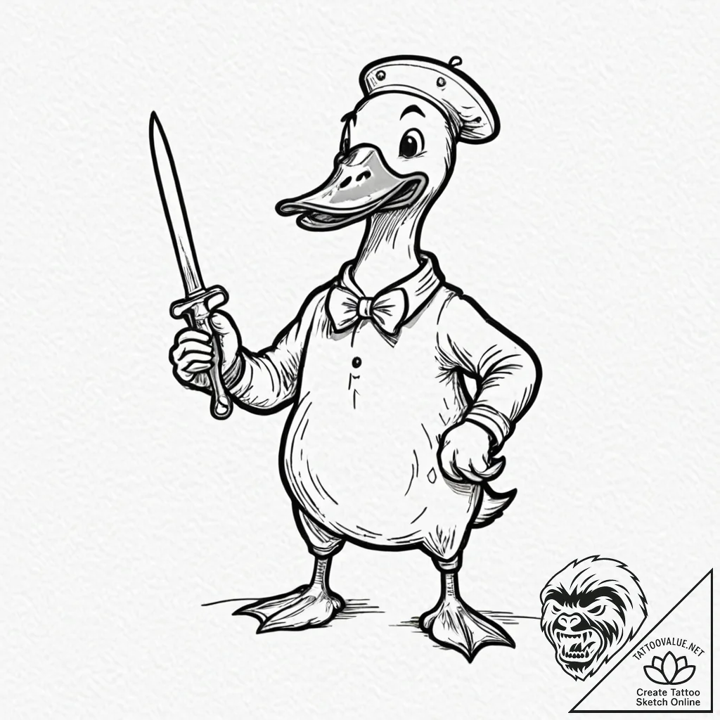 Tattoo design, a duck holding a butter knife,... - tattoo sketch (№1751514149_0, 03.07.2025 03:42) — tattoovalue.net