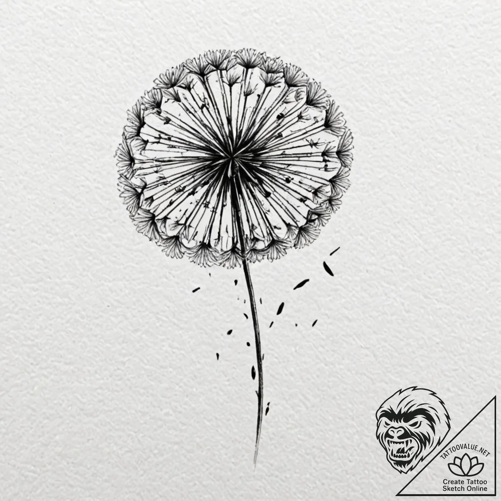 Tattoo design, a dandelion with its seeds bei... - tattoo sketch (№1751514404_0, 03.07.2025 03:46) — tattoovalue.net