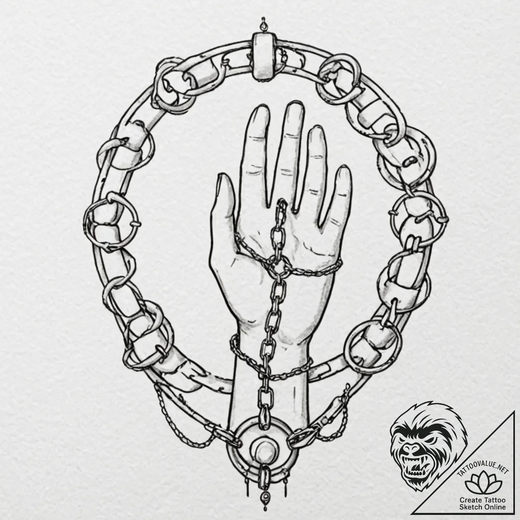 Tattoo design, a human hand, chained by a glo... - tattoo sketch (№1751514486_0, 03.07.2025 03:48) — tattoovalue.net