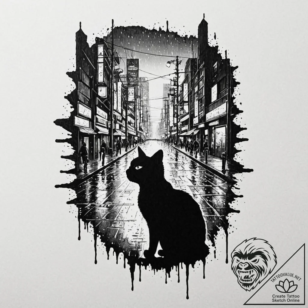 Tattoo design, a cat silhouette, filled with... - tattoo sketch (№1751515970_0, 03.07.2025 04:12) — tattoovalue.net