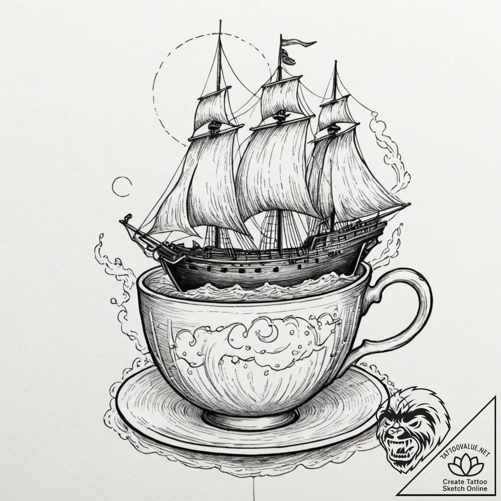 Tattoo design, a traditional ship sailing on... - tattoo sketch (№1751516052_0, 03.07.2025 04:14) — tattoovalue.net