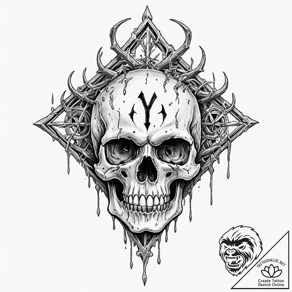 Tattoo sketch of a frozen skull with rune sno... - tattoo sketch (№1751516379_0, 03.07.2025 04:19) — tattoovalue.net