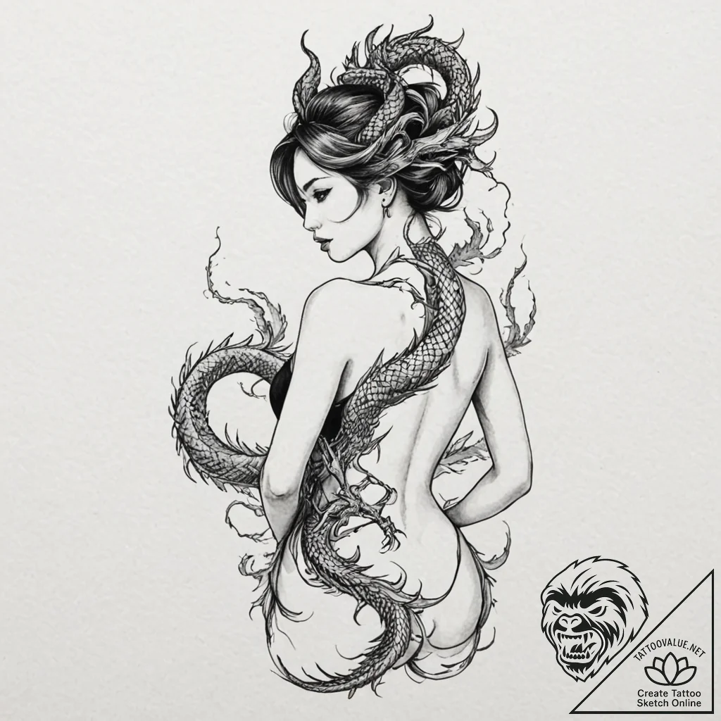 Tattoo design, a beautiful woman with a large... - tattoo sketch (№1751517298_0, 03.07.2025 04:34) — tattoovalue.net
