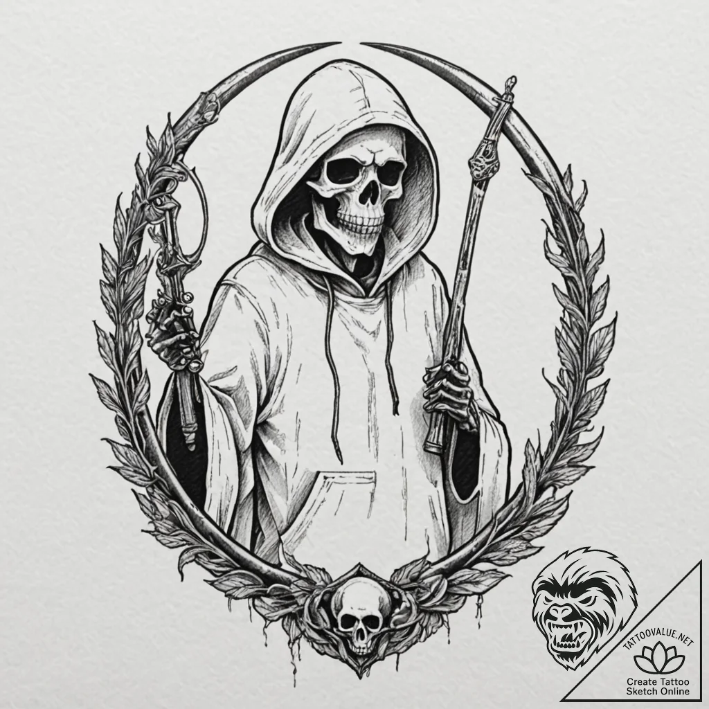 Tattoo design, the grim reaper, hooded and sk... - tattoo sketch (№1751517880_0, 03.07.2025 04:44) — tattoovalue.net