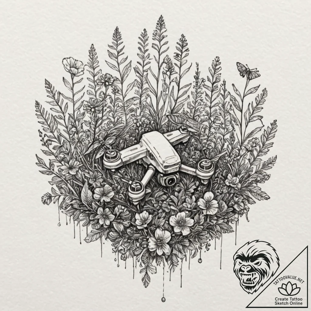 Tattoo design, a fallen drone, overgrown with... - tattoo sketch (№1751517970_0, 03.07.2025 04:46) — tattoovalue.net