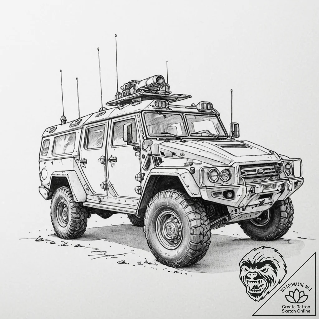 Tattoo design, a modern armored vehicle done... - tattoo sketch (№1751518052_0, 03.07.2025 04:47) — tattoovalue.net