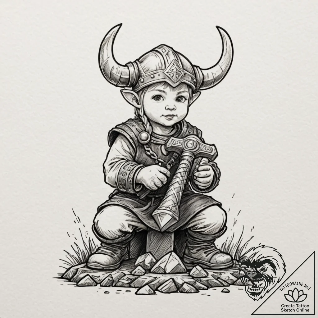 Tattoo design, a viking child playing with a... - tattoo sketch (№1751518804_0, 03.07.2025 05:00) — tattoovalue.net