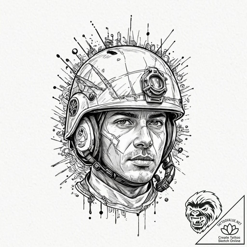 Tattoo design, a soldier's helmet, reflecting... - tattoo sketch (№1751519219_0, 03.07.2025 05:06) — tattoovalue.net
