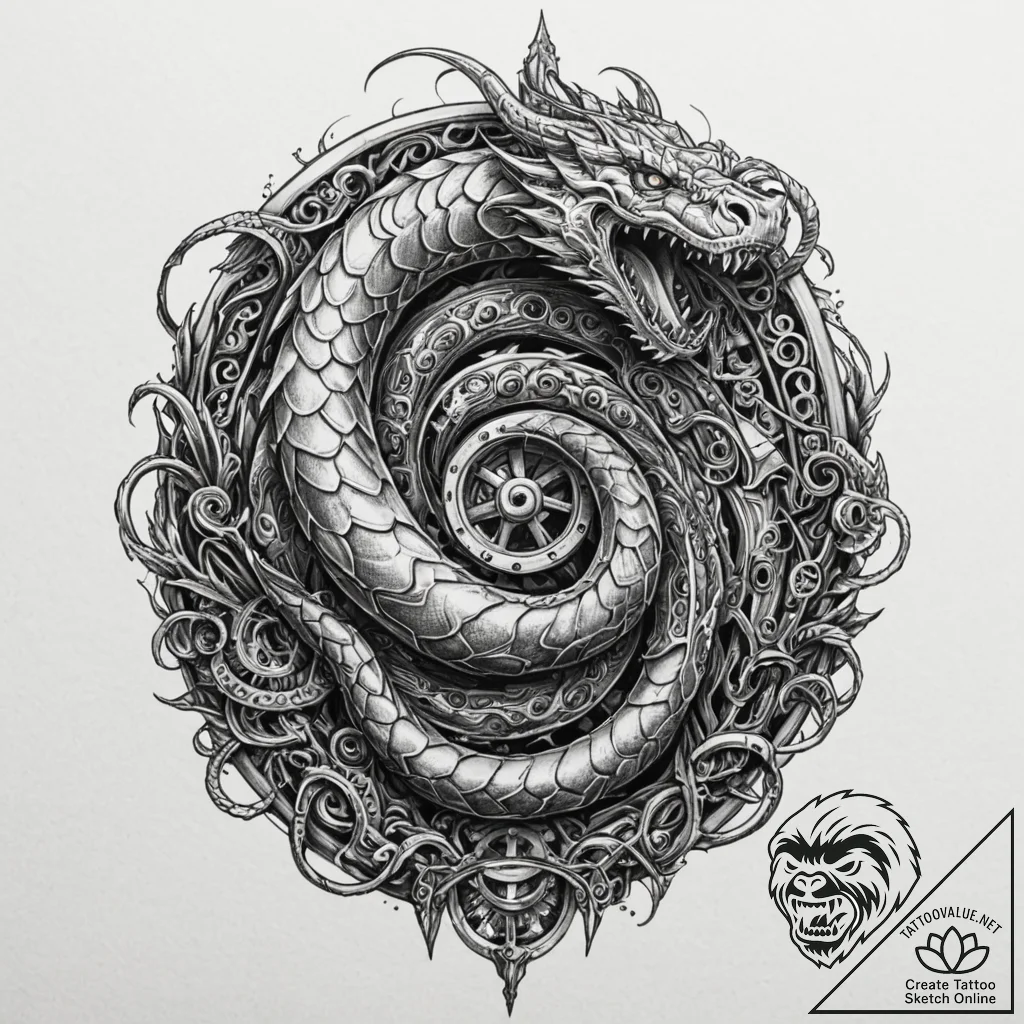 Tattoo design, thor fighting a giant steampun... - tattoo sketch (№1751520174_0, 03.07.2025 05:22) — tattoovalue.net