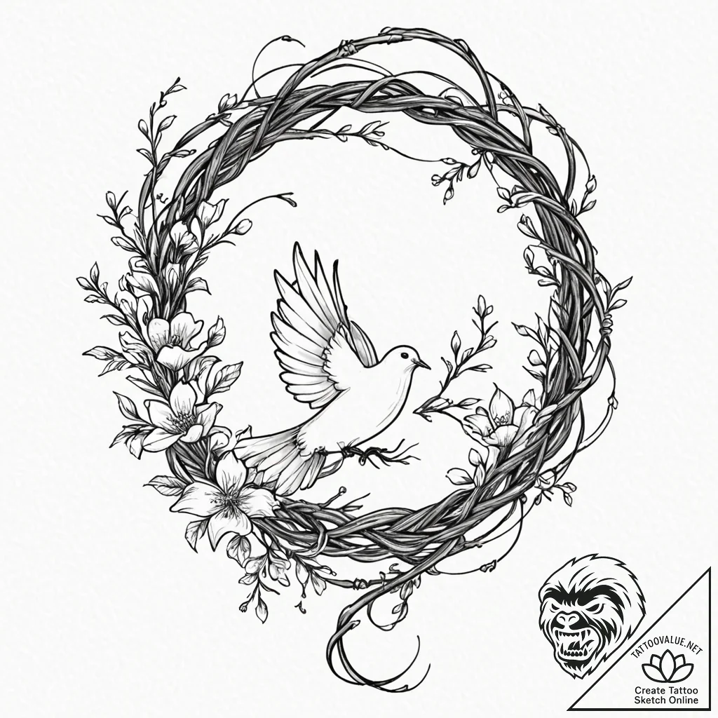 Tattoo design, a dove of peace, tangled in ba... - tattoo sketch (№1751520256_0, 03.07.2025 05:24) — tattoovalue.net