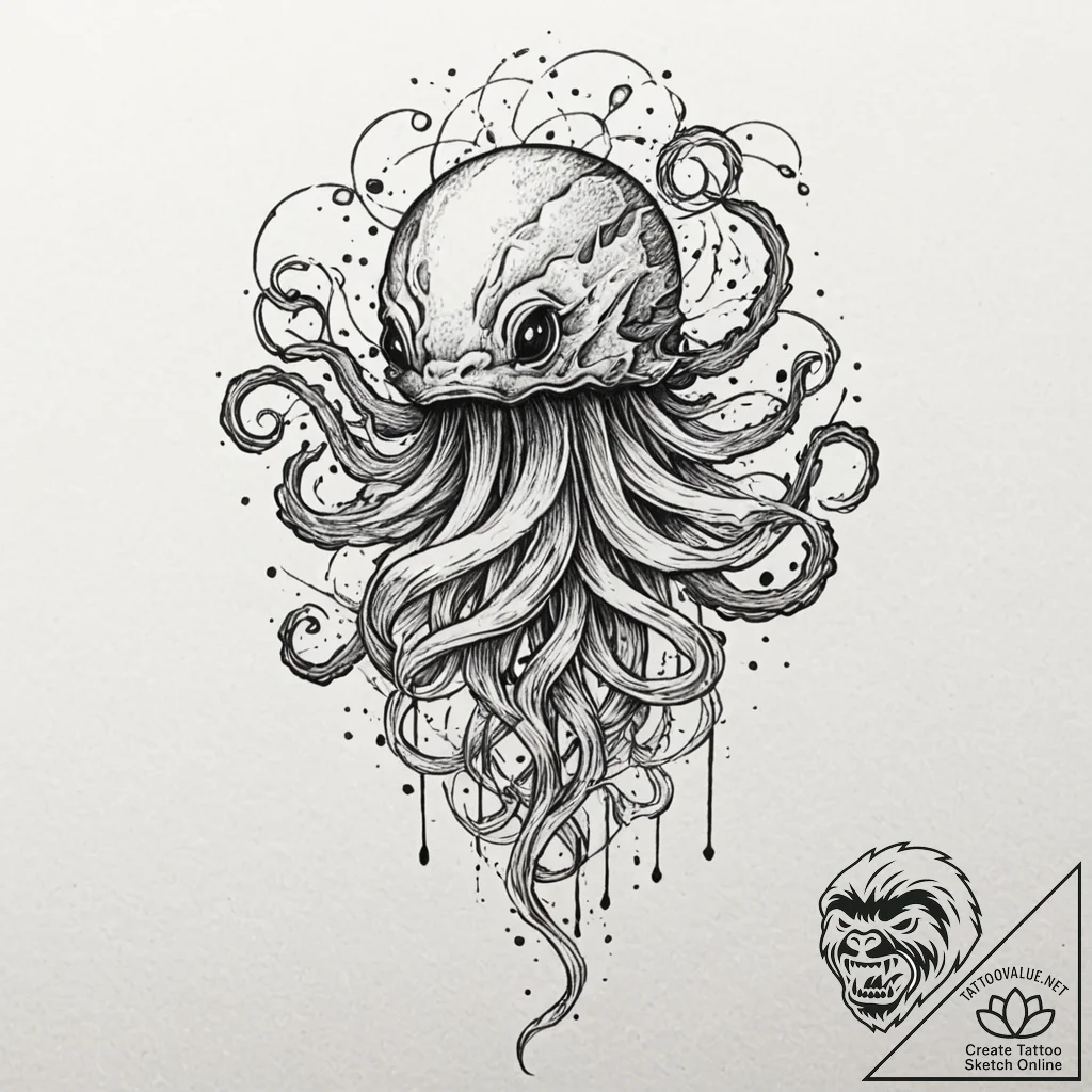 Tattoo design, a jellyfish, its tentacles are... - tattoo sketch (№1751520669_0, 03.07.2025 05:31) — tattoovalue.net