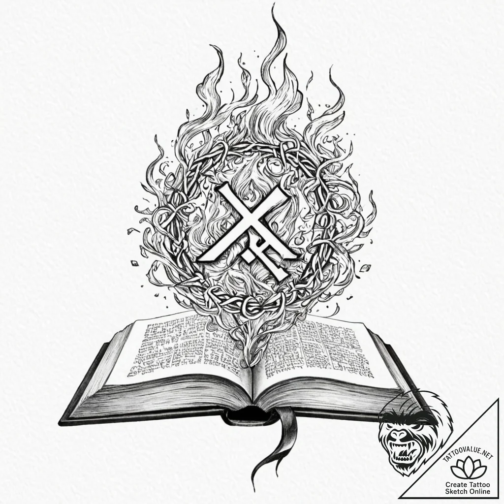 Tattoo sketch of runes flowing from open book... - tattoo sketch (№1751520754_0, 03.07.2025 05:32) — tattoovalue.net