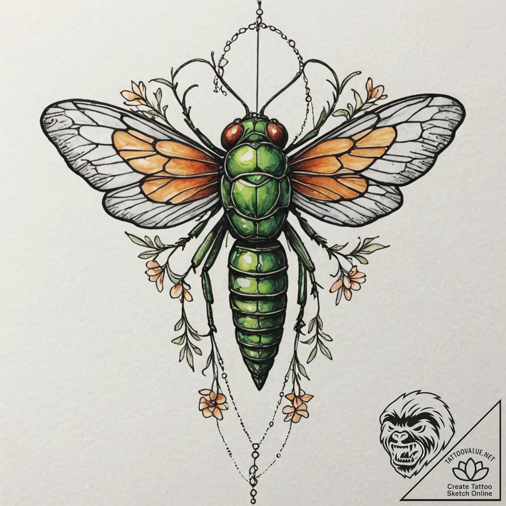 Tattoo design, a cicada, its wings are made o... - tattoo sketch (№1751520835_0, 03.07.2025 05:33) — tattoovalue.net