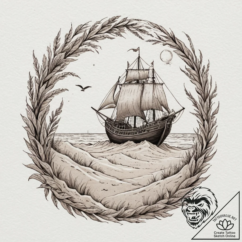 Tattoo sketch of longship flying through sand... - tattoo sketch (№1751521738_0, 03.07.2025 05:48) — tattoovalue.net
