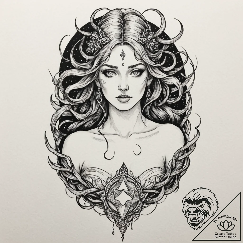 Tattoo sleeve design, cursed goddess, a godde... - tattoo sketch (№1751521820_0, 03.07.2025 05:50) — tattoovalue.net