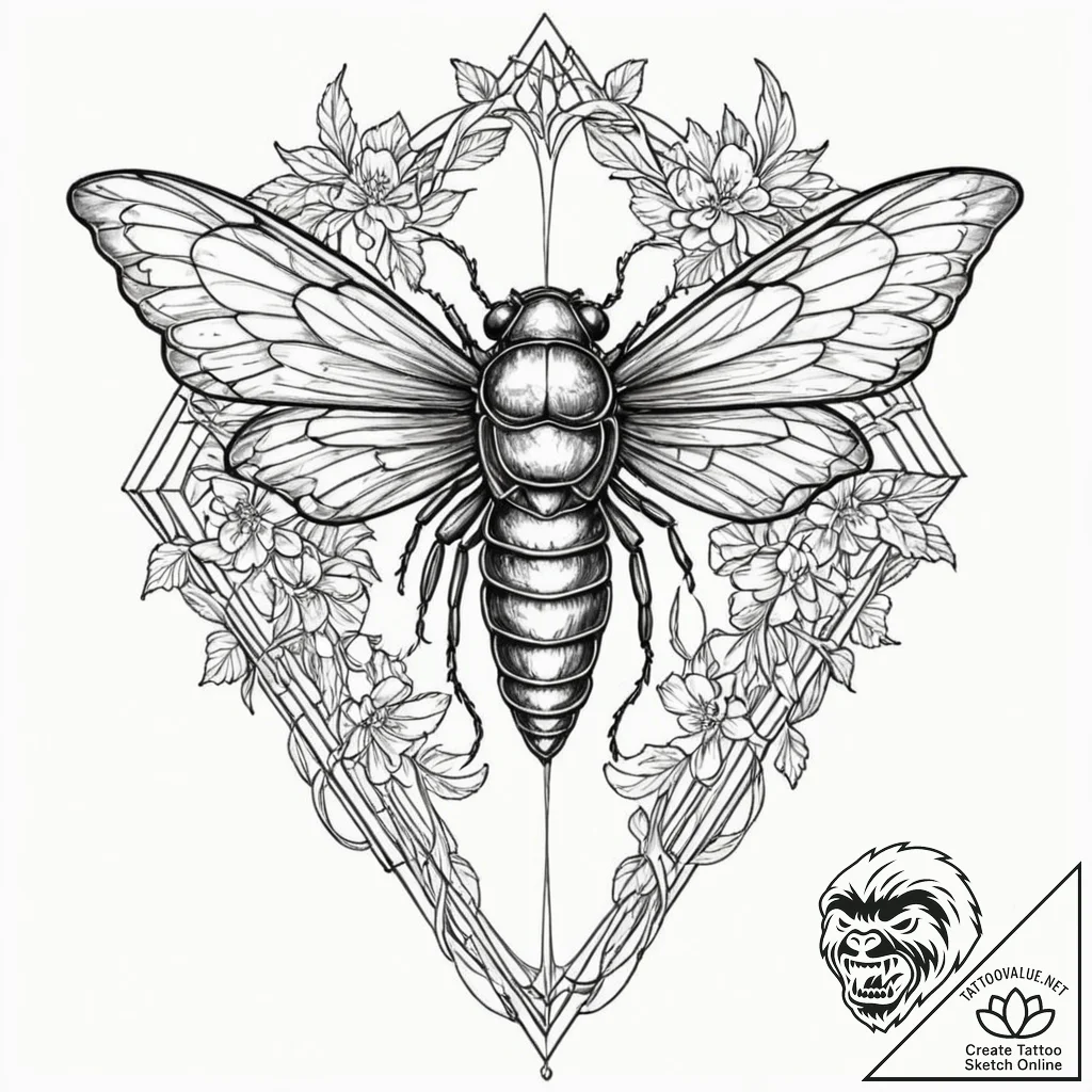 Tattoo design, a cicada, its wings are made o... - tattoo sketch (№1751522802_0, 03.07.2025 06:06) — tattoovalue.net