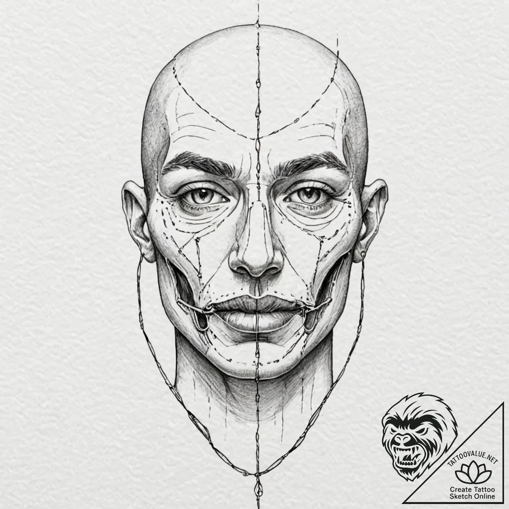 Tattoo design, a mouth, sewn shut with golden... - tattoo sketch (№1751523300_0, 03.07.2025 06:15) — tattoovalue.net
