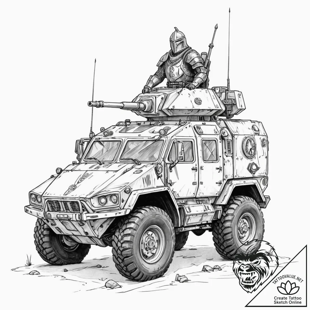 Tattoo design, a modern armored vehicle done... - tattoo sketch (№1751525384_0, 03.07.2025 06:49) — tattoovalue.net
