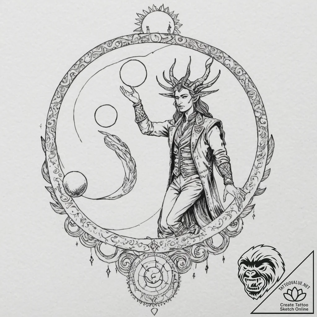 Tattoo design, loki juggling the sun and the... - tattoo sketch (№1751526002_0, 03.07.2025 07:00) — tattoovalue.net