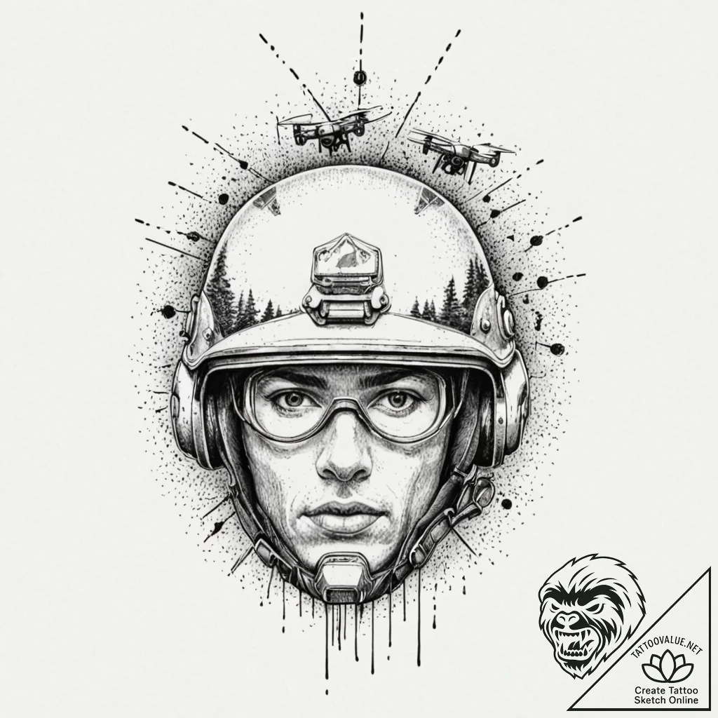 Tattoo design, soldier's helmet, reflecting a... - tattoo sketch (№1751526331_0, 03.07.2025 07:05) — tattoovalue.net