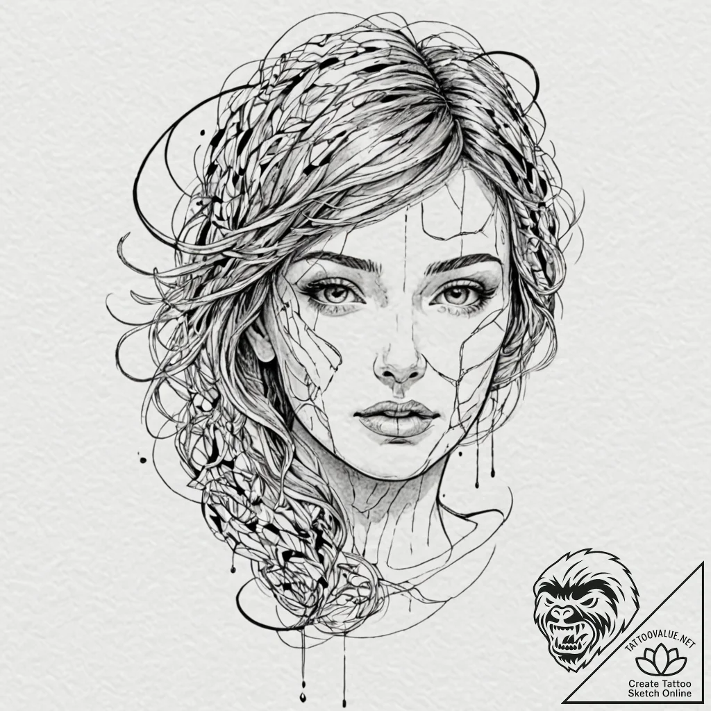 Tattoo design, a face, half human, half made... - tattoo sketch (№1751526412_0, 03.07.2025 07:06) — tattoovalue.net