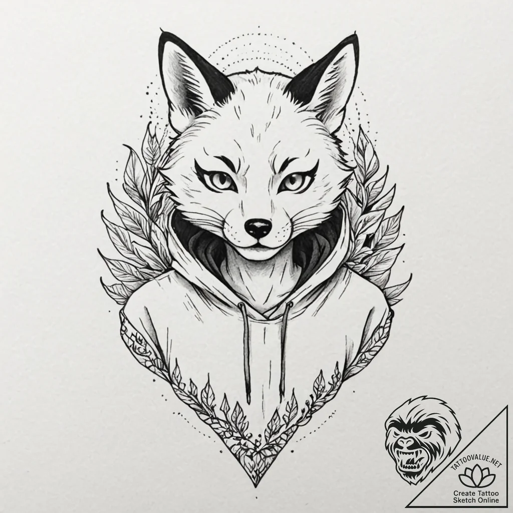 Tattoo design, a kitsune (fox spirit), wearin... - tattoo sketch (№1751527256_0, 03.07.2025 07:20) — tattoovalue.net