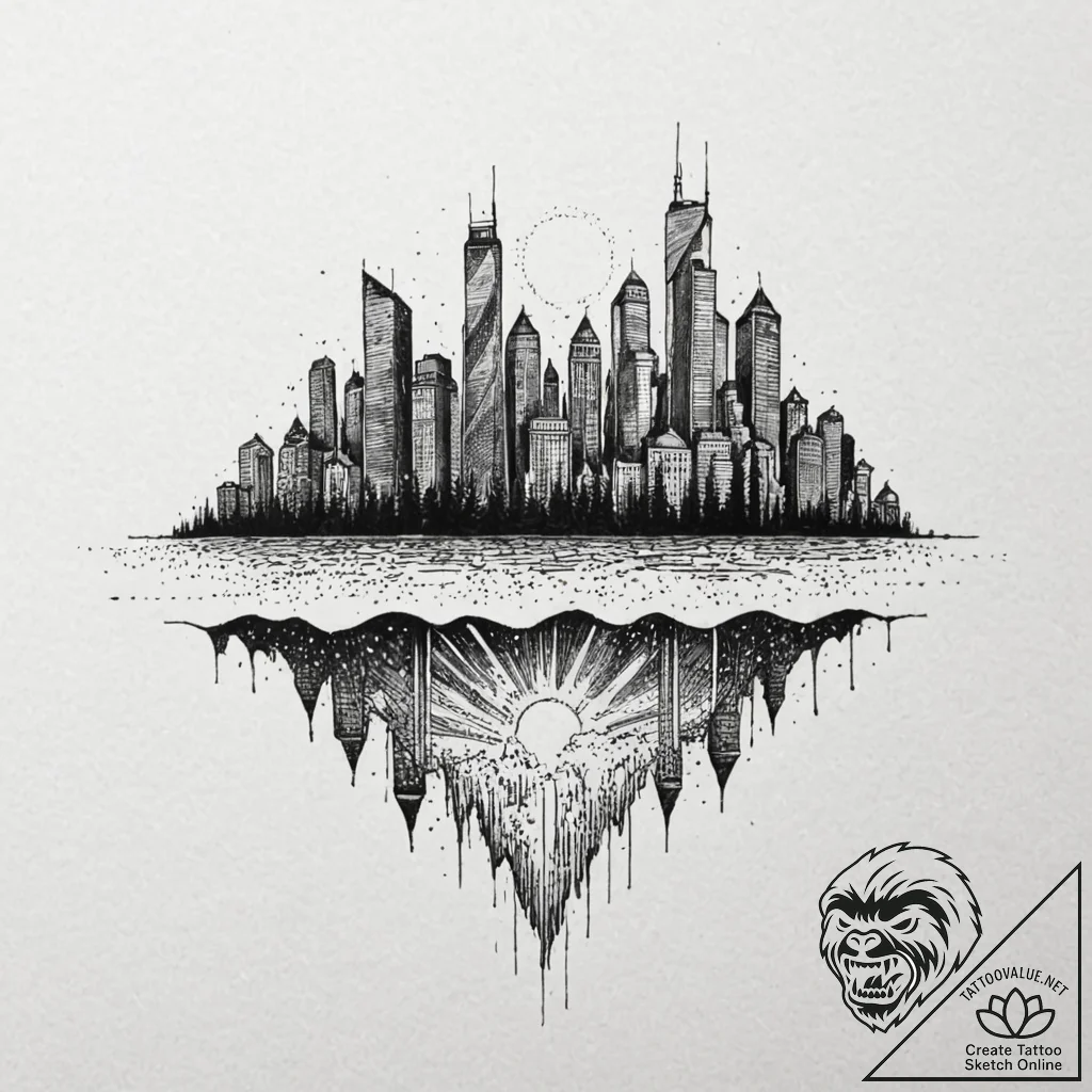 Tattoo design, a city skyline upside down, it... - tattoo sketch (№1751527999_0, 03.07.2025 07:33) — tattoovalue.net