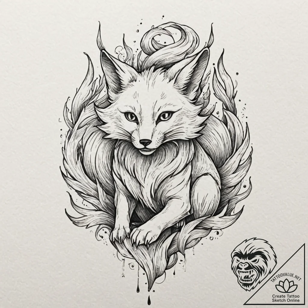 Tattoo design, a kitsune (fox spirit) with ni... - tattoo sketch (№1751528251_0, 03.07.2025 07:37) — tattoovalue.net