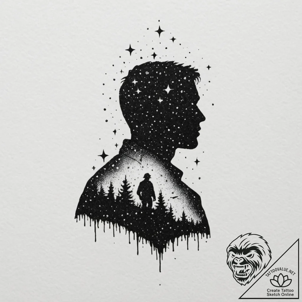 Tattoo design, a soldier's silhouette filled... - tattoo sketch (№1751528414_0, 03.07.2025 07:40) — tattoovalue.net